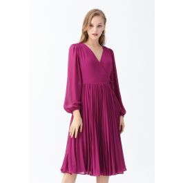 Magenta V-Neck Wrap Pleated Chiffon Dress | Chicwish