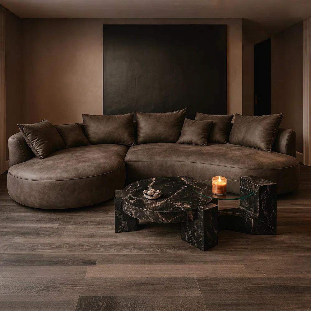 Lakera 128“ Modern Faux Leather Sectional Curved Sofa with Left Chaise, Upholstered Brown Leath... | Wayfair North America