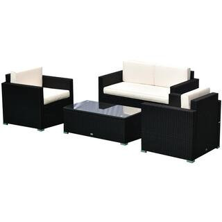 4-Piece Black Steel Plastic Patio Conversation Set with White Cushions, 1 Sofa, 2 Armchairs and Coffee Table | The Home Depot