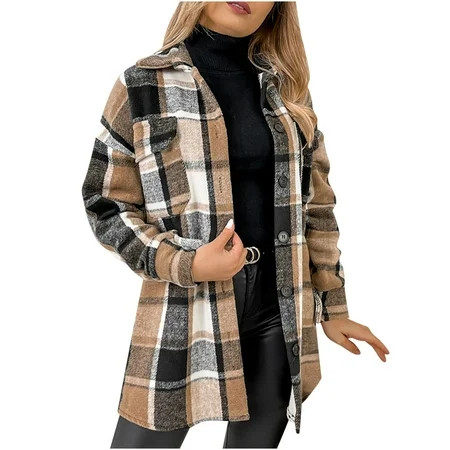 JGGSPWM Women s Flannel Plaid Jacket Long Sleeve Button Down Chest Pocketed Shirts Coats Shacket Cuf | Walmart (US)