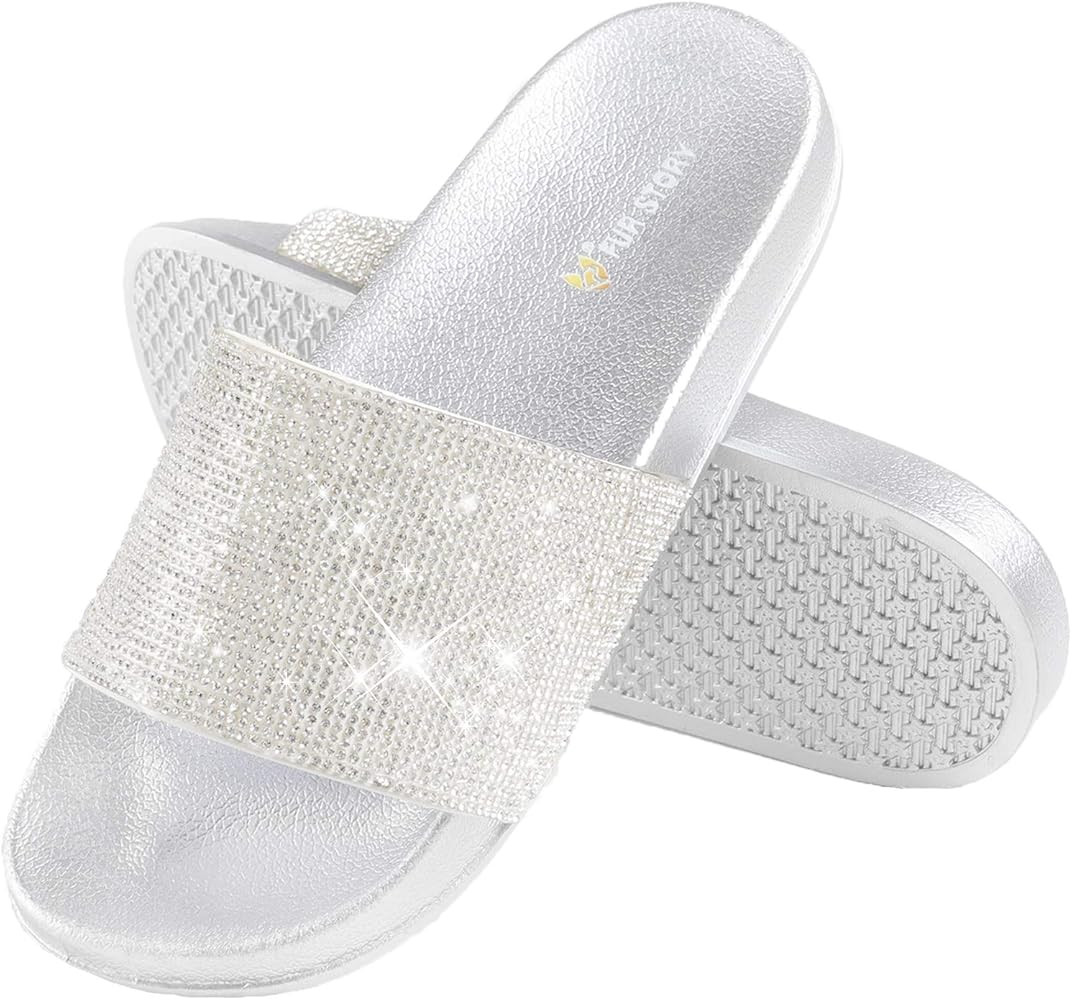 Fur Story Womens Slides House Slippers Rhinestone Glitter Slides Cozy Bedroom Slippers Shower Shoes  | Amazon (US)