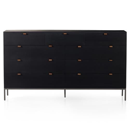 Theodore Industrial Loft Black Wood Grey Iron Leather Pulls 9 Drawer Dresser | Kathy Kuo Home