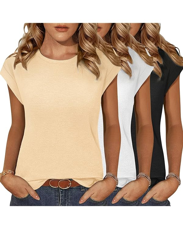 Zeagoo Womens 3 Pack Crewneck Cap Sleeve Tank Tops Casual Basic T Shirts Loose Fit Tee Summer Top... | Amazon (US)