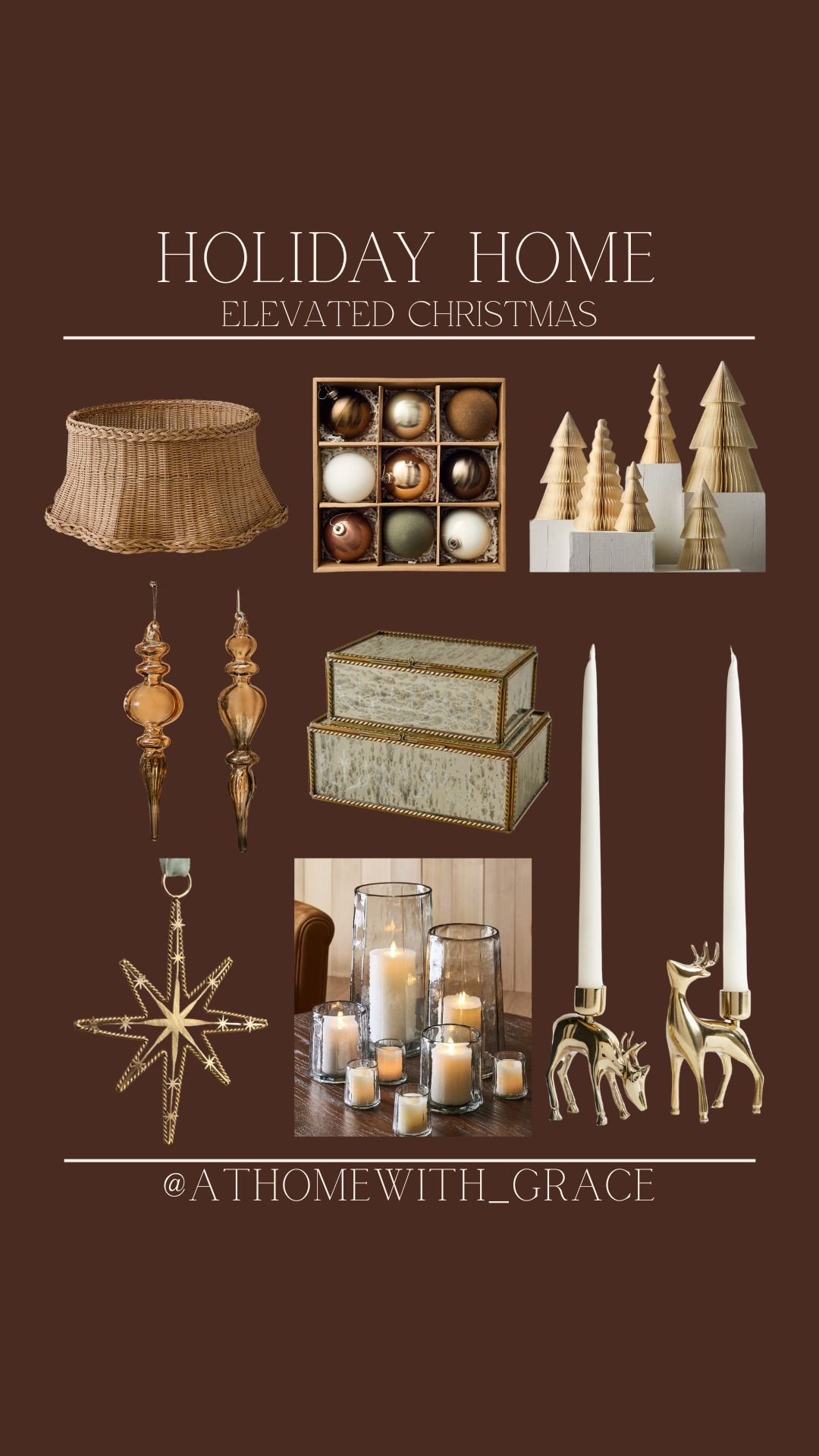 Elevated Christmas vibes. Neutral holiday colors. Paper trees. Tree collar. Christmas home decor. Finial ornaments. Glass hurricanes. Reindeer candle holders  

#LTKHome #LTKSeasonal