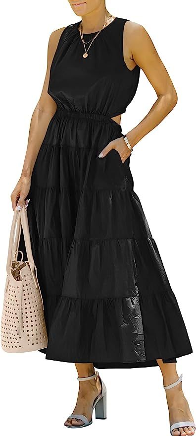 ANRABESS Womens Summer Sleeveless Cutout Maxi Dress Crewneck Tiered Flowy A-Line Sundress with Po... | Amazon (US)