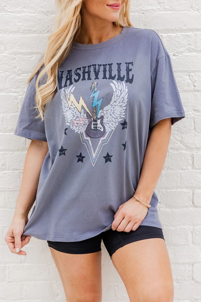 Nashville Music Lightning Bolt Grey Oversized Graphic Tee | Pink Lily