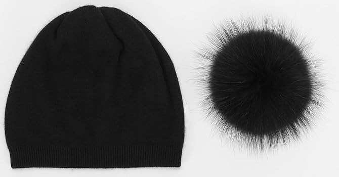 Women Cashmere Winter Slouchy Knit Beanie Hat with Real Fur Pom Pom Winter Beanie Knit Stocking C... | Amazon (US)