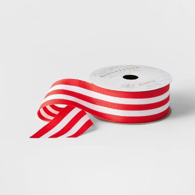 1.5" Fabric Ribbon Red with White Stripe 36ft - Wondershop™ | Target