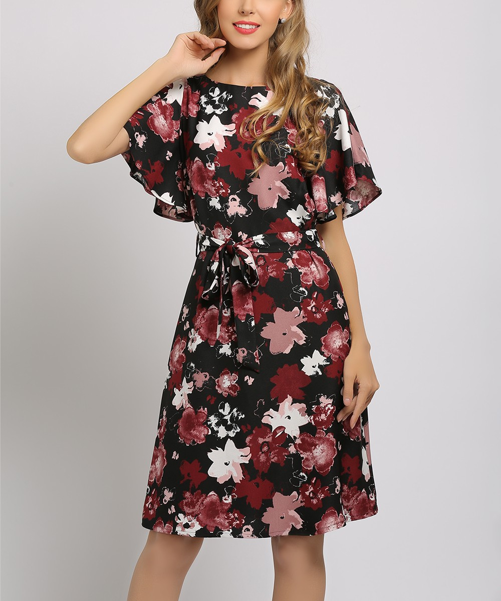 Coeur de Vague Women's Casual Dresses Picture - Black & Pink Floral Chiffon Dress - Women | Zulily