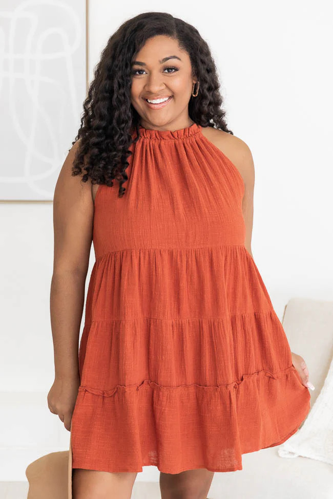 Figure You Out Rust Halter Tiered Babydoll Mini Dress | Pink Lily