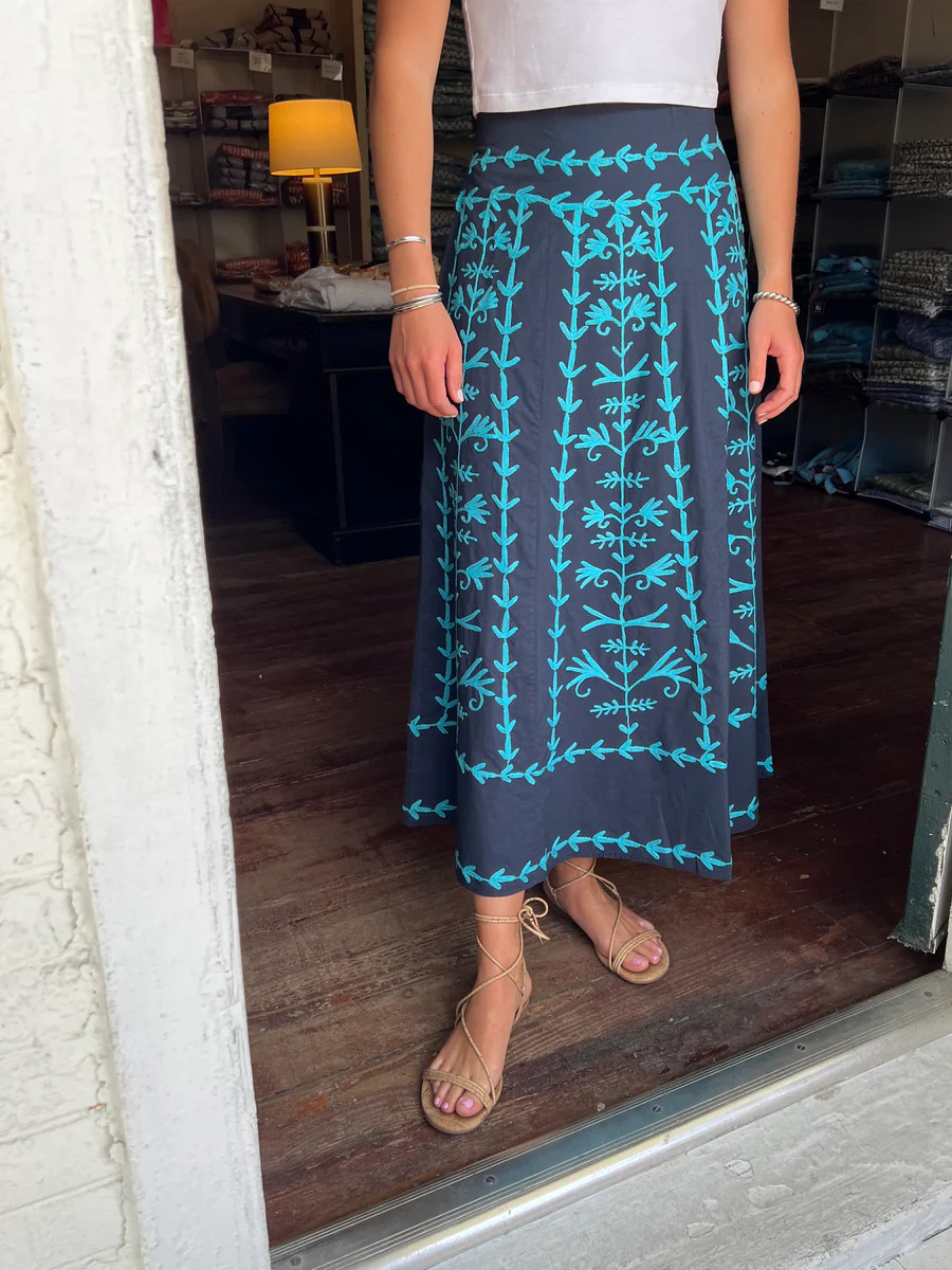 Hanley Midi Skirt Navy with Turquoise Embroidery | Madison Mathews