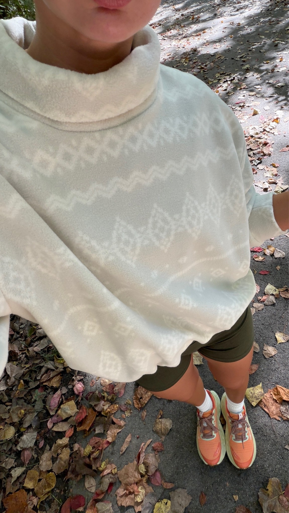 Small sweatshirt! Biker shorts are old Beyond Yoga color and sneakers are super old NB fresh foam more trail but I found a cool current version!
