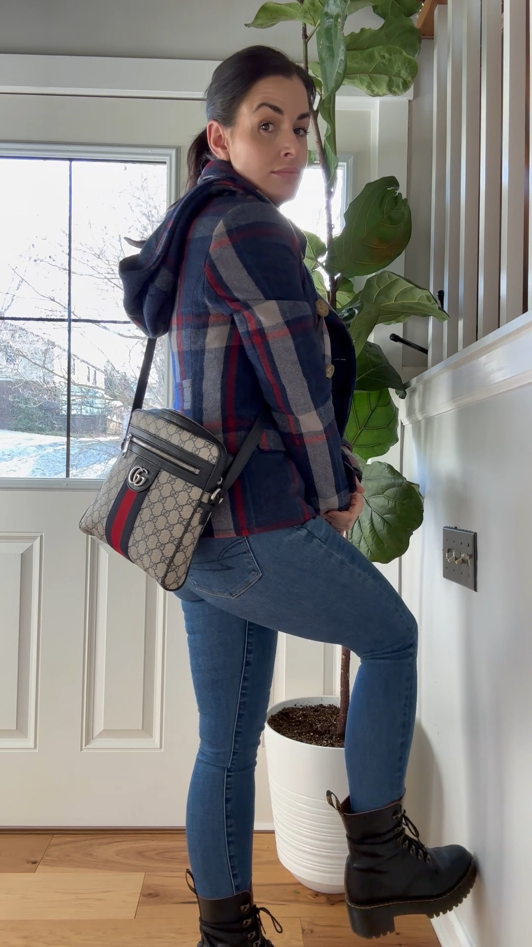 Mom fashion, winter clothes, ladies clothes, american eagle jeans, american eagle pea coat, gucci bag,  doc martens, womens fashion, ladies clothes, workwear, llbean sweaters, plaid, denim, leather, cross body bags, fall clothes, ladies workwear, ootd 