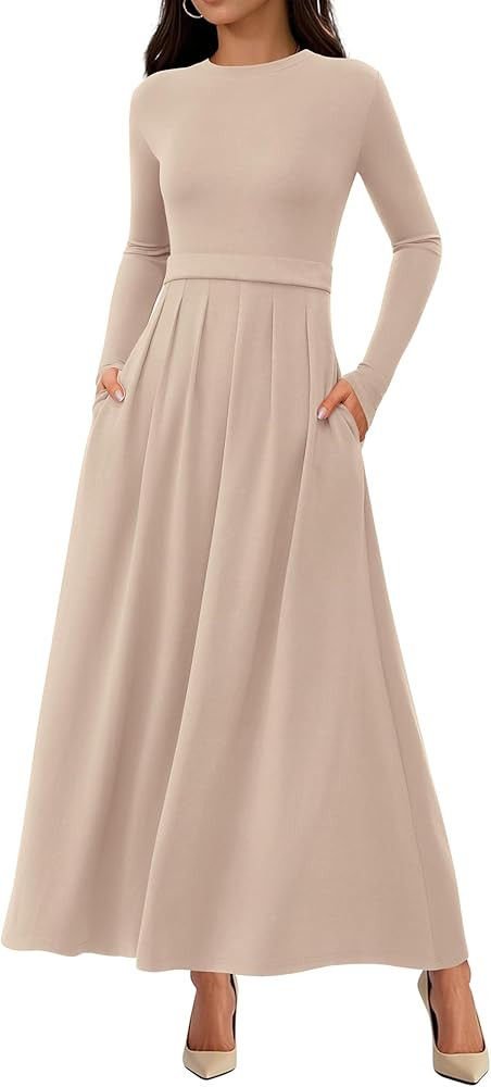 BTFBM Long Sleeve Dress for Women 2025 Winter Business Casual Clothes Pleated Fall Wedding Guest ... | Amazon (US)