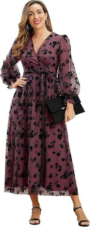 Women Floral Embroidered Maxi Dress Long Puff Sleeve Tulle Prom Dresses Belt V Neck Lantern Long ... | Amazon (US)