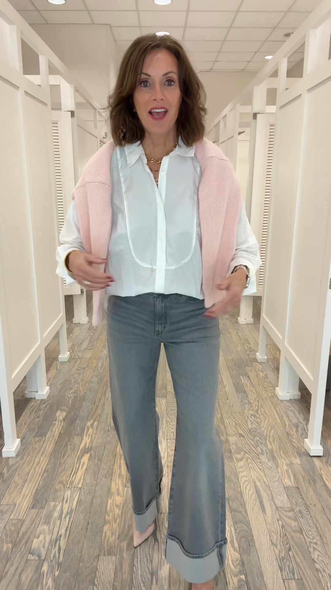 Pearl embellished tuxedo shirt - L ( need medium)
Jeans - 28/6
pink sweater

Elevated casual style 
Date night 
Holiday style 

#LTKTall #LTKMidsize #LTKHoliday
