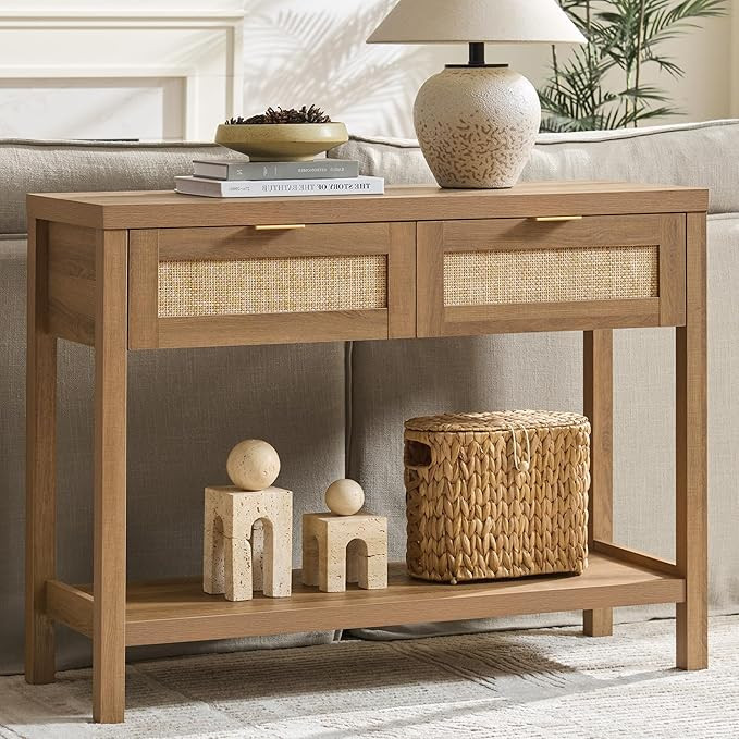 SICOTAS Console Table with Rattan Drawers - Boho Rattan Entryway Table with Storage, Small Consol... | Amazon (US)
