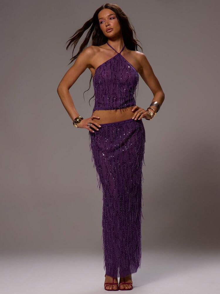 MUSERA Sequin Low Rise Mesh Semi Sheer Tassle Maxi Skirt Long Skirt Sexy Summer Spring Rave Festi... | SHEIN