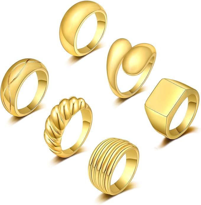 KOHOTA 6PCS Thick Dome Chunky Rings for Women 18K Gold Plated Braided Twisted Signet Ring Big Cro... | Amazon (US)