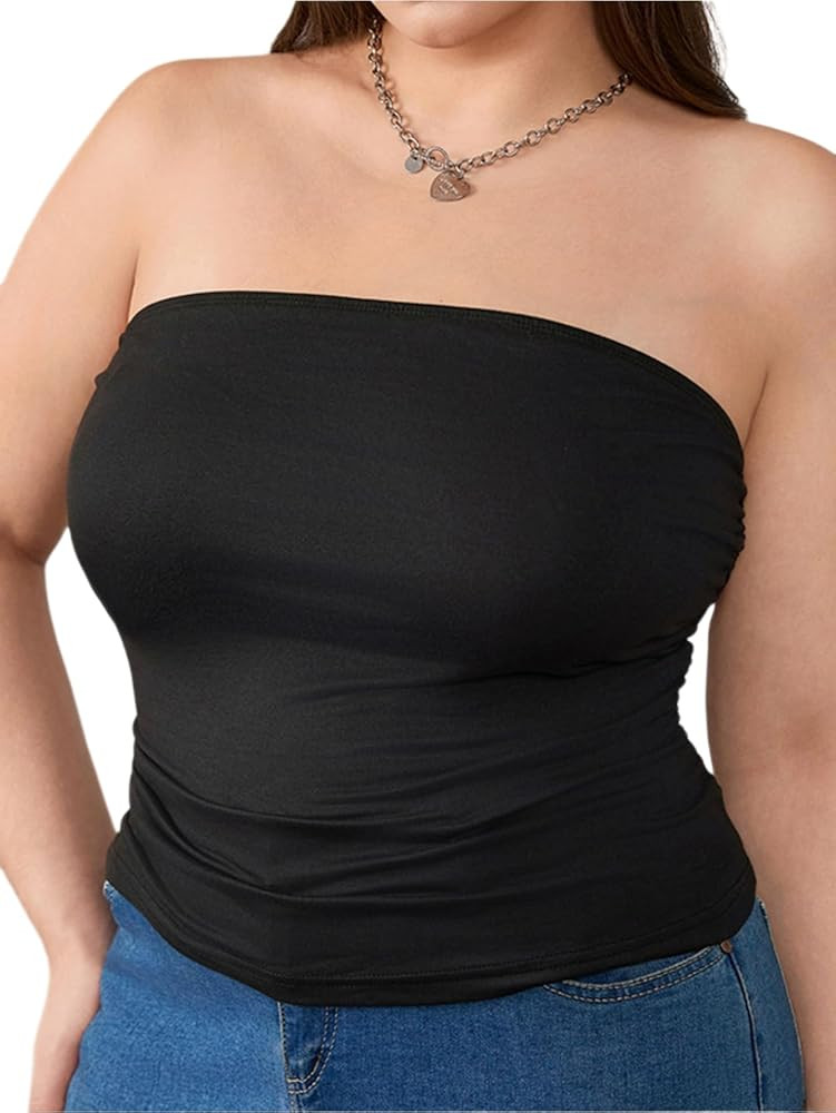 WDIRARA Women's Plus Size Strapless Ruched Crop Tube Tops Summer Slim Fit Sleeveless Bandeau Top | Amazon (US)