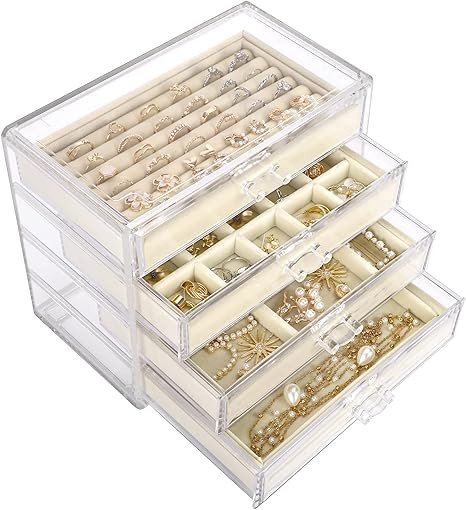 Mebbay Acrylic Jewelry Box with 4 Drawers, Velvet Jewelry Organizer for Earring Necklace Ring & B... | Amazon (US)