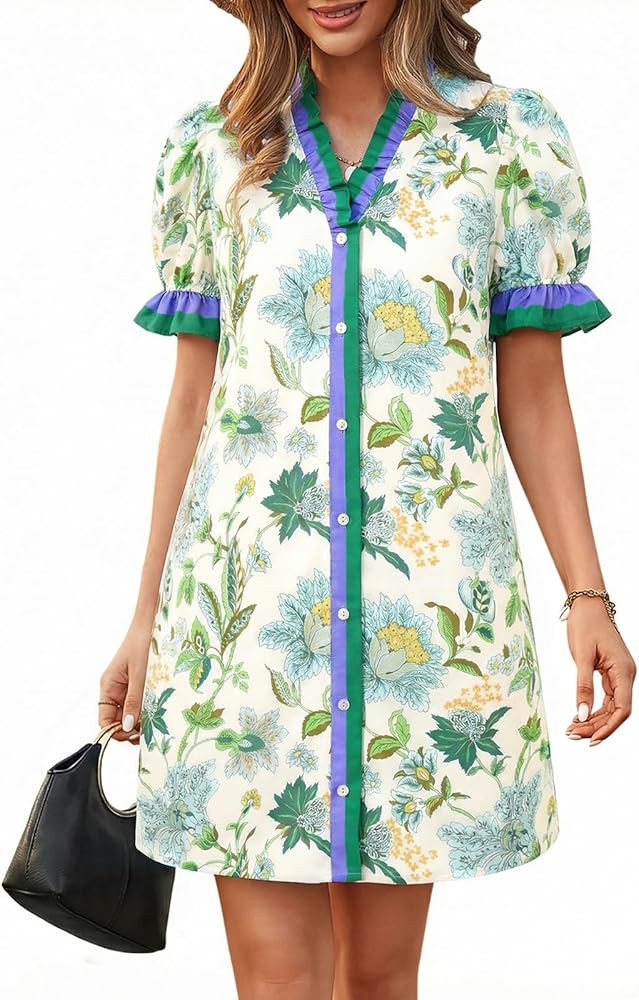 Wenrine Womens Summer Mini Dresses Casual Floral Puff Short Sleeve V Neck Button Down Ruffle Beac... | Amazon (US)