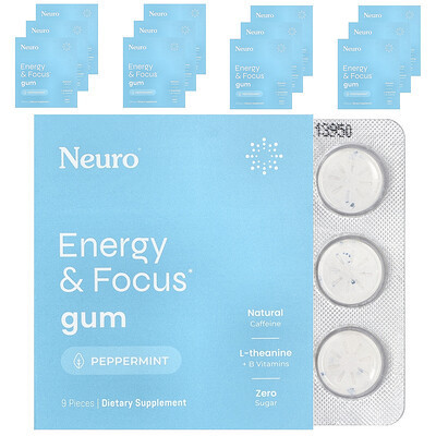 NeuroGum, Energy & Focus Gum, Peppermint, 12 Pack, 9 Pieces Each | iHerb