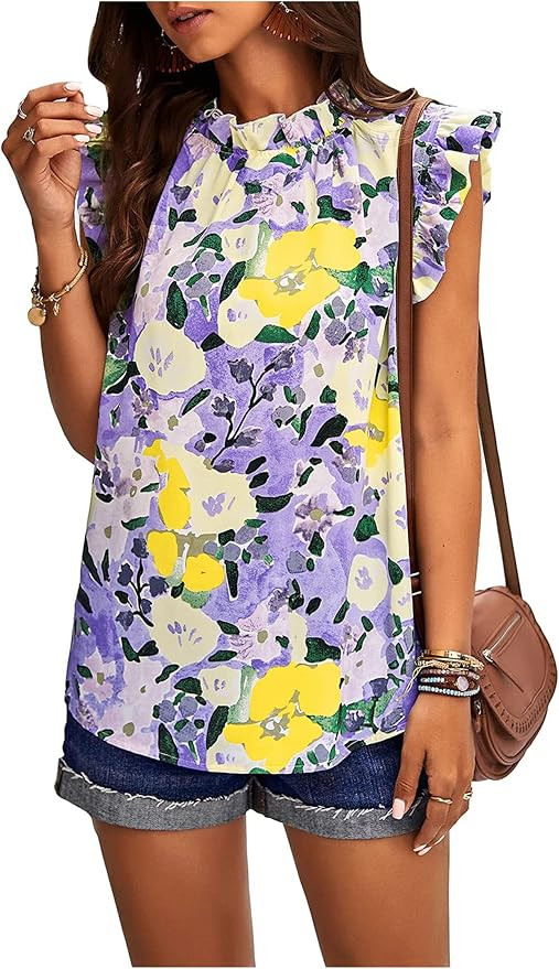 KIRUNDO Women's 2024 Summer Tops Ruffle Neck Cap Sleeve Floral Print Loose Babydoll Tank Shirts T... | Amazon (US)