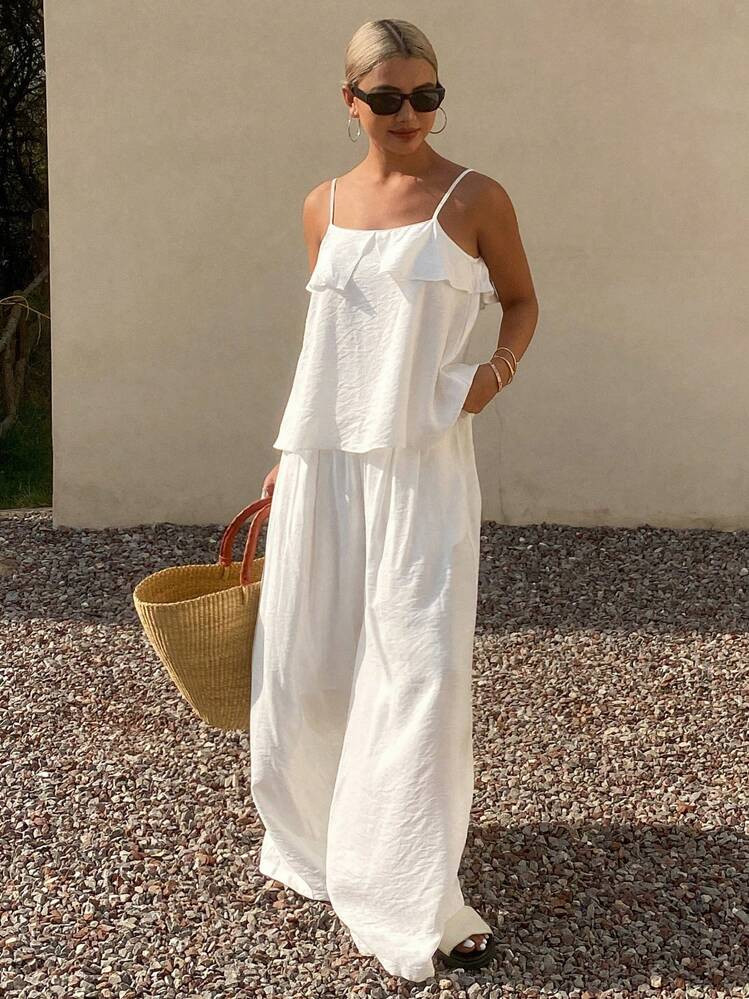 Livesso 2pcs Women Summer White Chic Versatile Casual Neutral Strap Jumpsuit,Ruffle Vacation | SHEIN