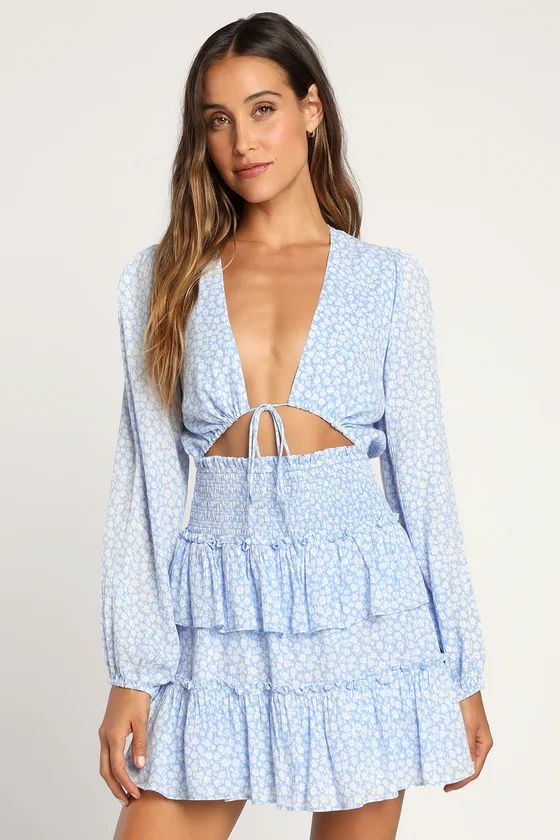 Cheery Cutie Light Blue Floral Print Tie-Front Tiered Mini Dress | Lulus (US)