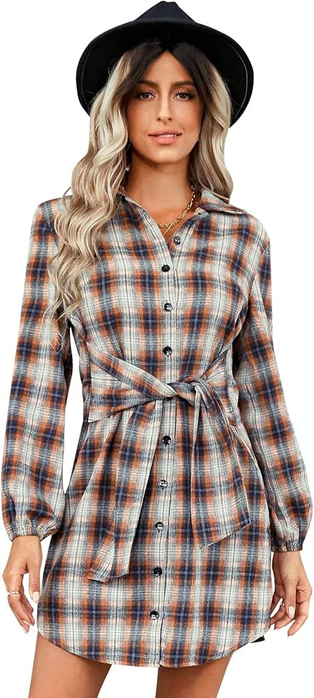 Daysskk Womens Plaid Shrit Dress Long Sleeve Flannel Shirt Dress Tie Front Button Down | Amazon (US)