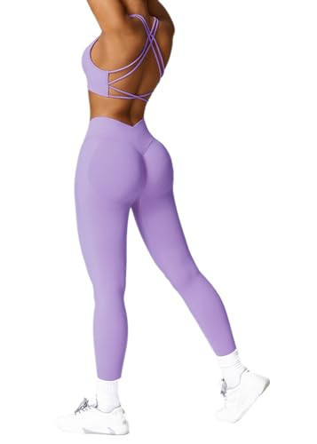 ABOCIW Seamless V Back Scrunch Lifting Leggings for Women Cross Back Strappy Sports Bra 2 Piece Gym Workout Sets Y-Purple Medium | Amazon (US)