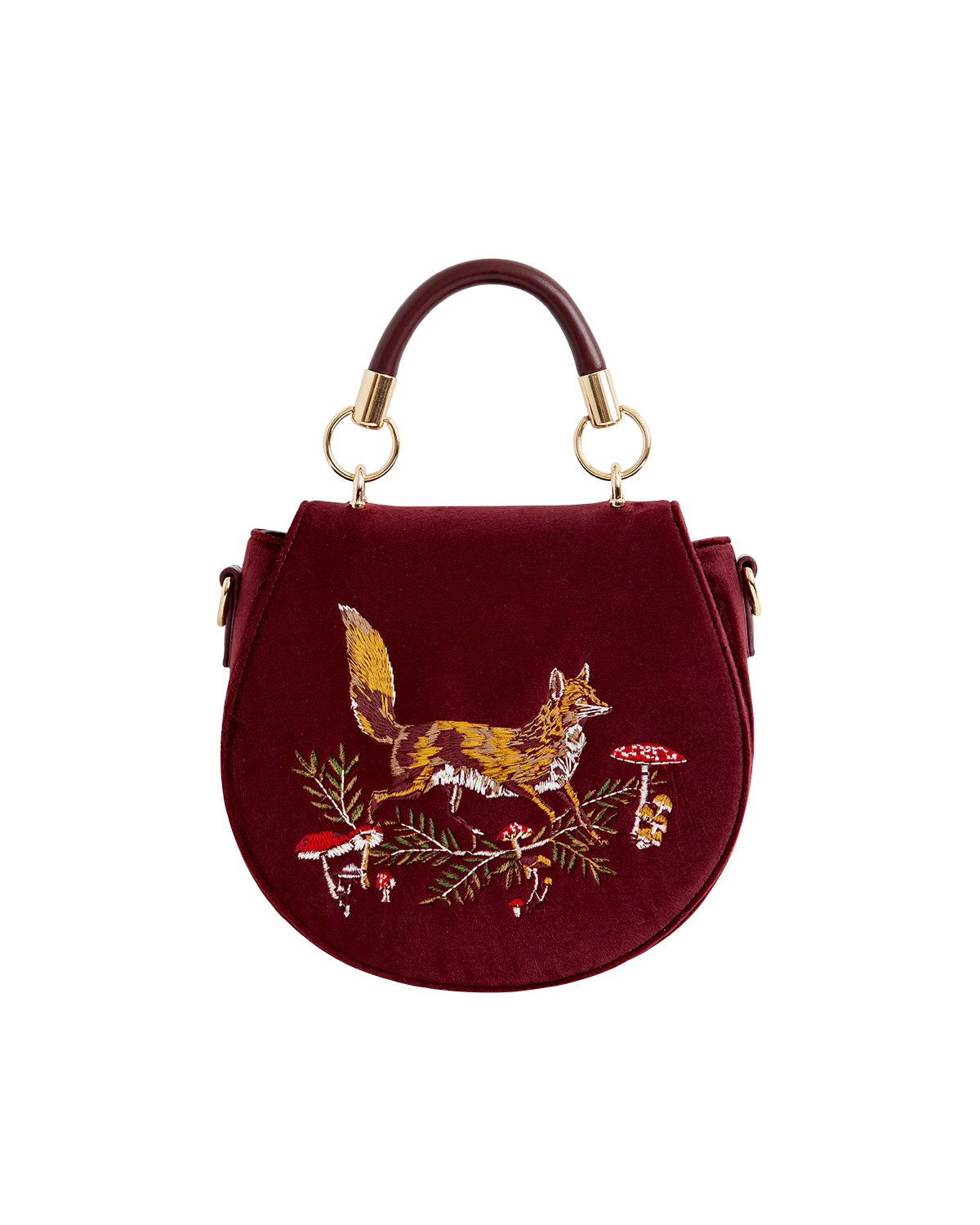 Fox & Mushroom Embroidered Saddle Bag - Redcurrant Velvet | Fable England | Fable England