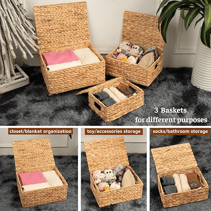 Wicker Storage Baskets with Lid, Basket With Lid Decorative Storage Rectangle 14"D X 11"W X 7"H W... | Amazon (US)