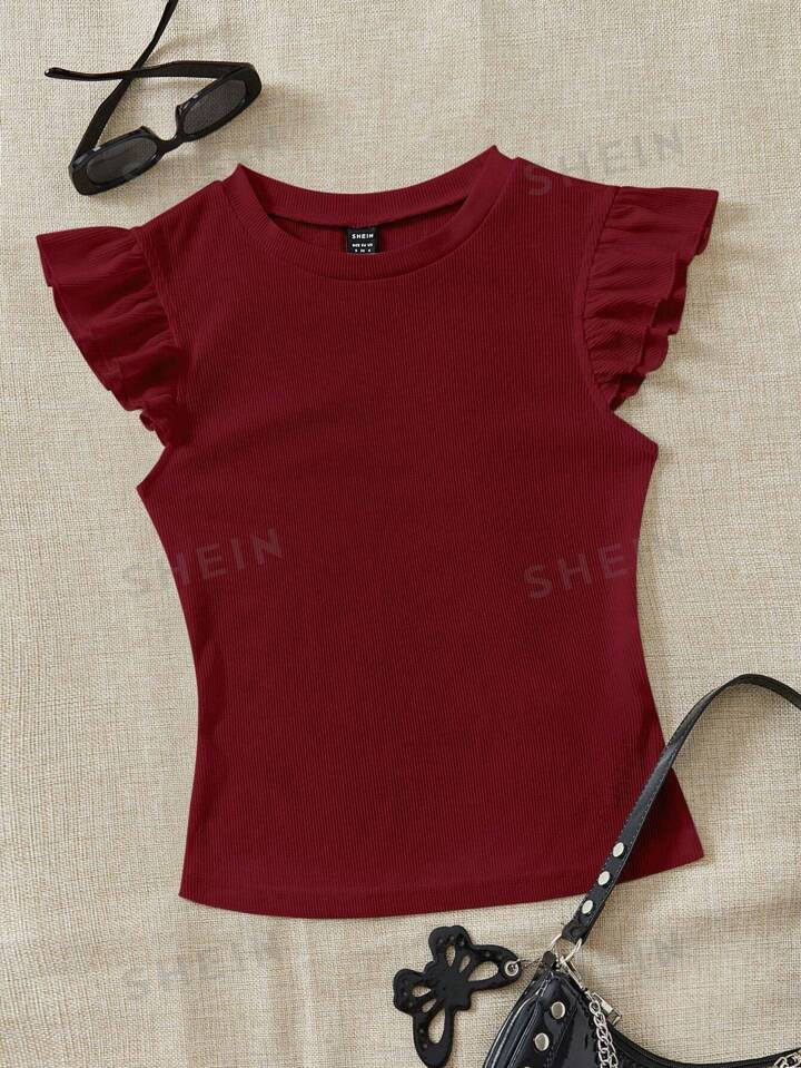 SHEIN WYWH Ruffle Trim Ribbed Knit Tee | SHEIN