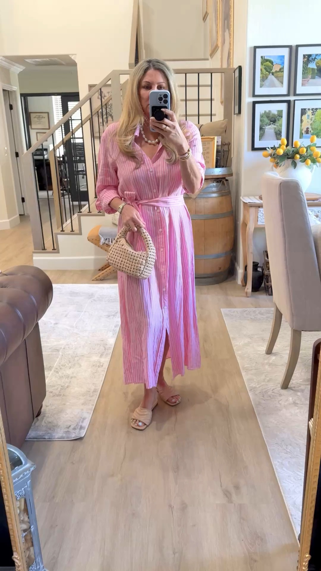 Ralph Lauren Stripe Dress. Neutral shoes and handbag paired with pearl necklace and earrings. Spring Outfit.  

#LTKOver40 #LTKSeasonal #LTKdayinmylife