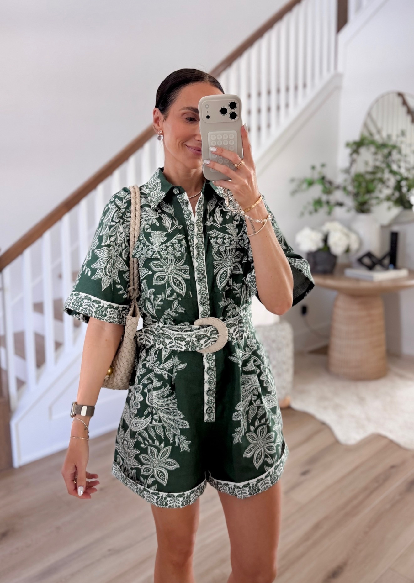 Floral green romper, brunch outfit inspo, vacation outfit, belted romper, annabrstyle 

#LTKTravel #LTKootd #LTKSeasonal