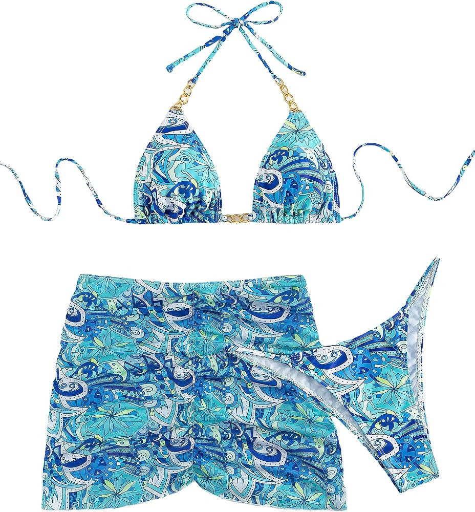 GORGLITTER Women's Graphic 3 Piece Bikini Set Chain Triangle Swimsuit High Cut Thong with Beach S... | Amazon (US)