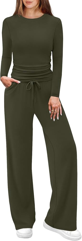 WIHOLL Lounge Sets for Women 2 Piece Vacation Outfits Long Sleeve Tops with Side Ruched Wide Leg ... | Amazon (US)