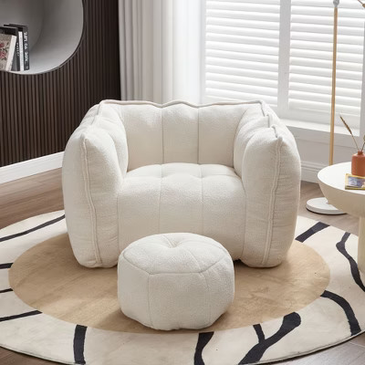PAGED Chenille Bean Bag Chair with Footstool, Modern Comfortable Sofa Chair with Highly Resilient Foam for Bedroom, Living Room, Beige | Target