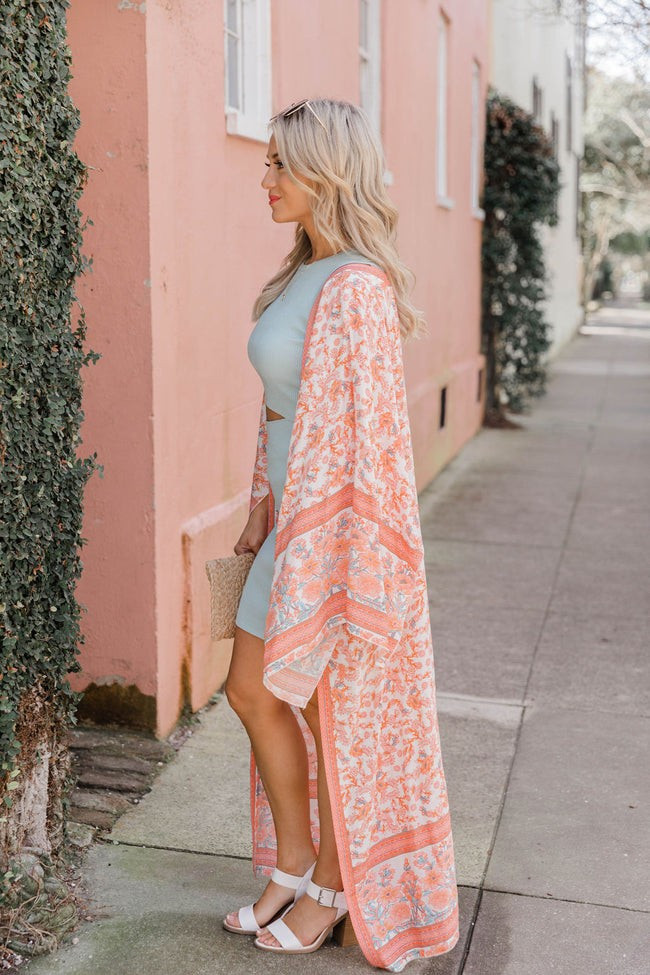 A Way Out Orange Printed Duster Kimono | The Pink Lily Boutique