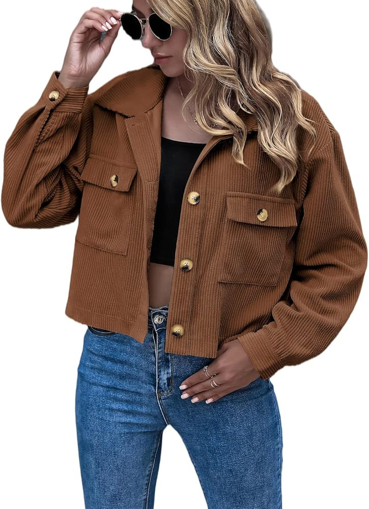 Eteviolet Women's Casual Cropped Corduroy Jackets Button Down Long Sleeve Shirts Jacket With Pock... | Amazon (US)