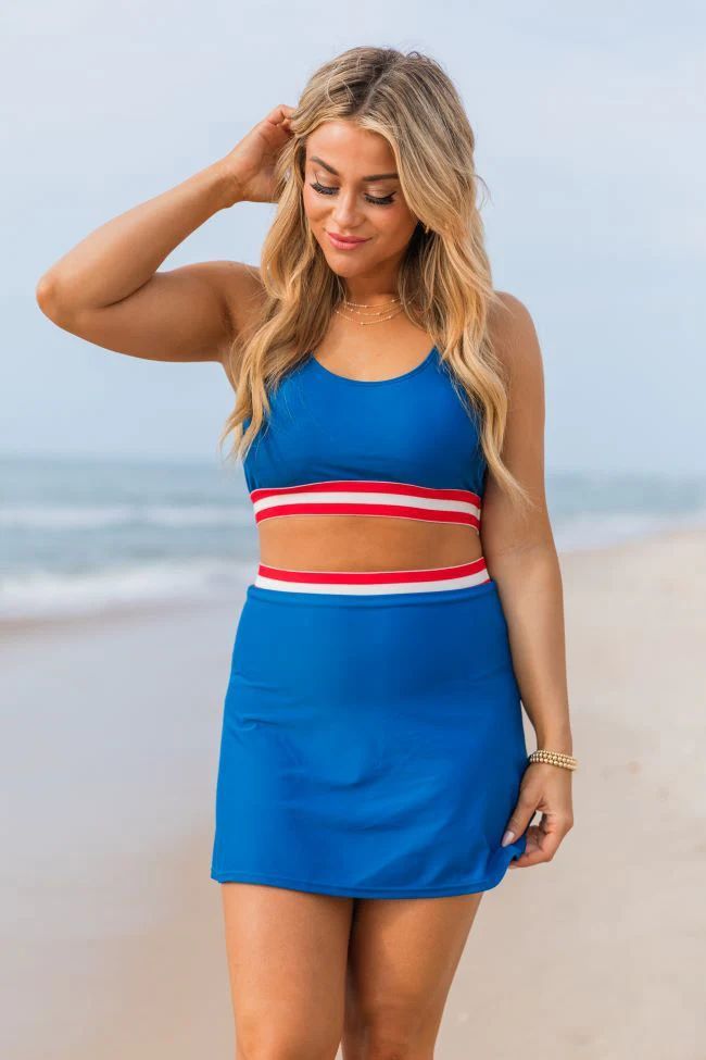 Out On The Water Blue Solid Swim Skort With Striped Trim | Pink Lily