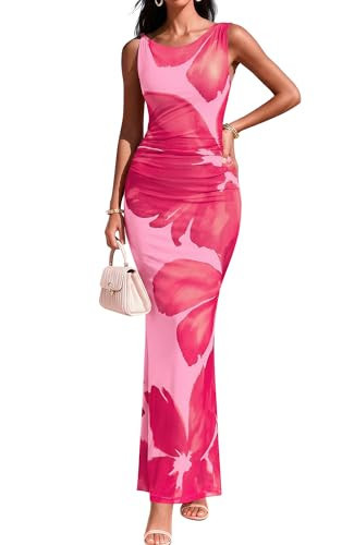 BTFBM Women Floral Cocktail Wedding Guest Dress Summer Spring 2026 Twist Strap Bodycon Mesh Beach Vacation Maxi Dresses(Floral Pink Rose Red, Medium) | Amazon (US)