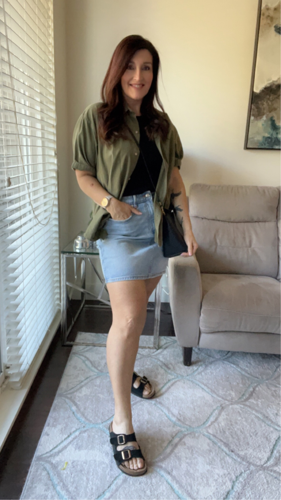 OOTD. 
My button down was from Aritzia last year, it’s the brand Denim Forum. I found a really nice replacement from Banana Republic Factory. Denim skirt is a size 29, black tank is a size medium and button down shirt is also a size medium  