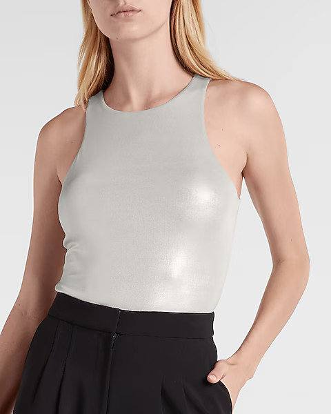 Metallic Body Contour Double Layer High Neck Thong Bodysuit | Express