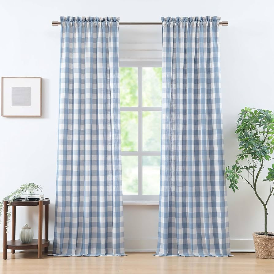 Buffalo Plaid Semi Sheer Curtains 84 Inches Long,Beige-Dusty Blue Buffalo Check Drapes for Bedroo... | Amazon (US)