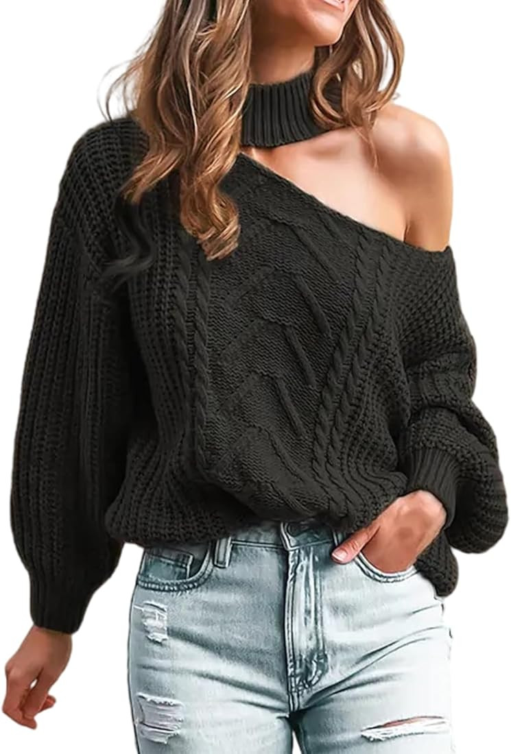 CUPSHE Womens Cable Knit One Shoulder Pullover Sweater Mock Neck Cutout Drop Long Sleeve Causal J... | Amazon (US)