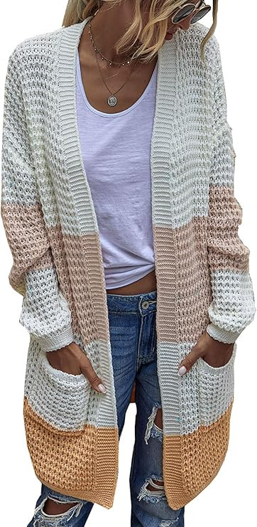 BTFBM Women Long Sleeve Open Front Plain Knit Cardigan Fashion Color Block Striped Slouchy Loose ... | Amazon (US)