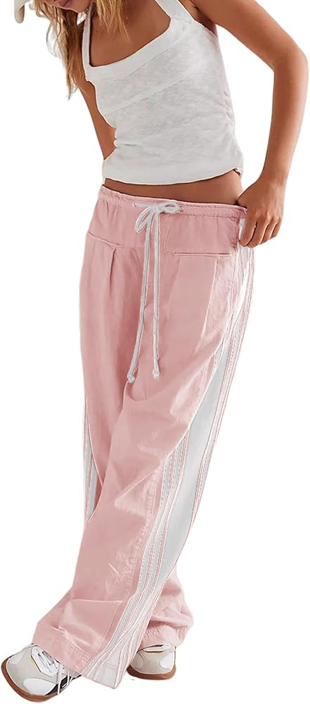 Hongsui Women's Wide Leg Pants Drawstring High Rise Side Striped Slouchy Palazzo Pants with Pocke... | Amazon (US)